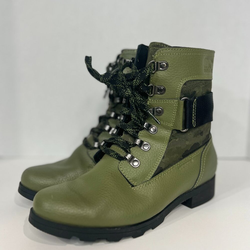 Sorel Emelie Conquest Combat Army Green Camo Boots Women's size 5 Zip Side